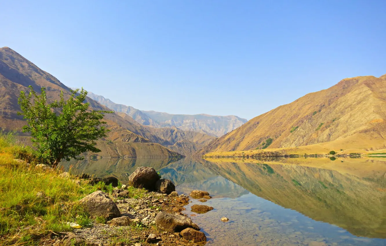 Photo wallpaper river, hills, the highlands, Ferghana Valley