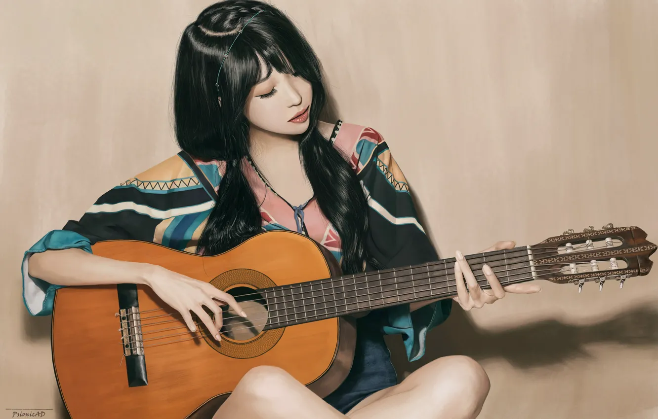 Photo wallpaper look, girl, figure, guitar, brunette, girl, guitar, Asian