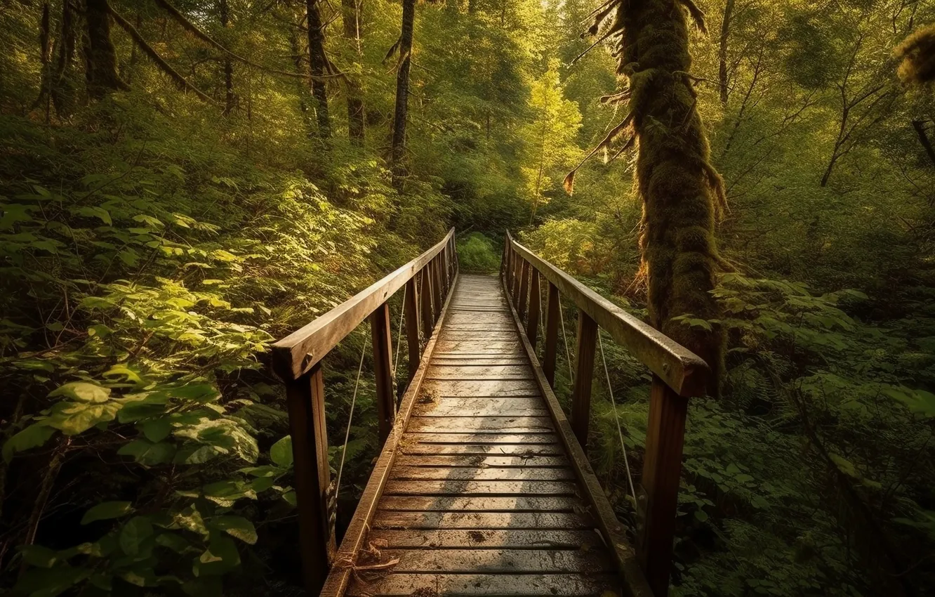 Photo wallpaper greens, forest, light, trees, landscape, bridge, nature, foliage