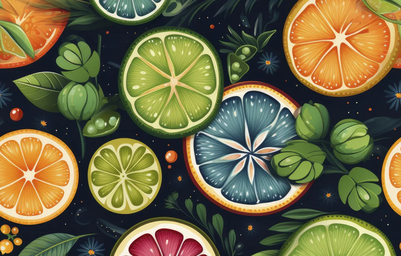 Photo wallpaper texture, citrus, fruit, different, cuts, imitation of watercolor, AI art, neural network