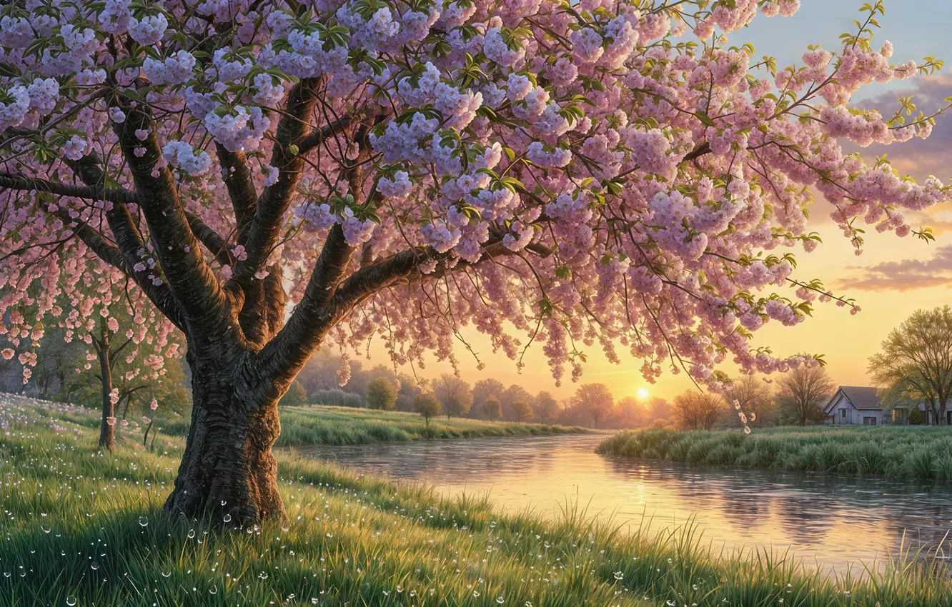 Photo wallpaper trees, spring, flowering, AI art, neural network