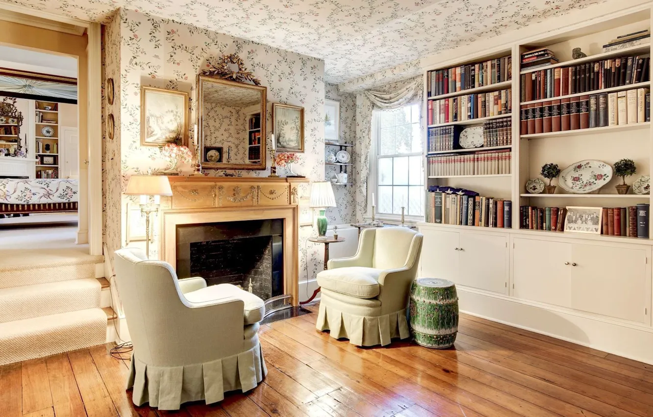 Photo wallpaper design, style, interior, fireplace, library, living room