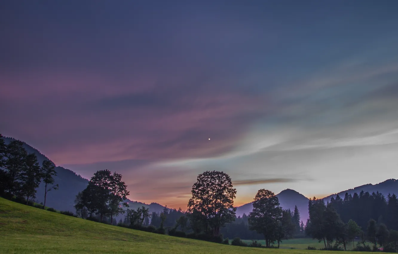 Photo wallpaper the sky, trees, mountains, the evening, Austria, Alps, meadow, Austria