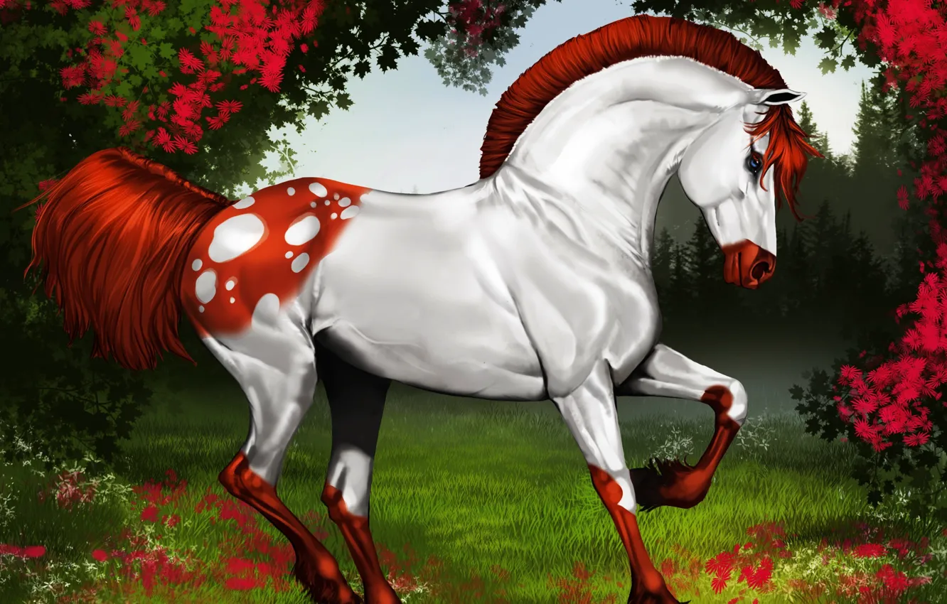 Photo wallpaper greens, forest, flowers, horse, figure, mane, tail, forest