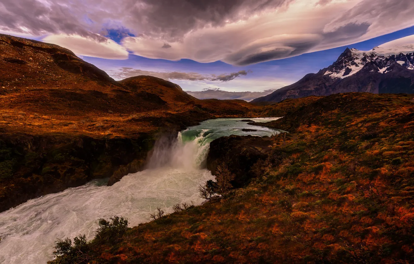 Photo wallpaper autumn, the sky, bright colors, clouds, river, waterfall, pond, Andes