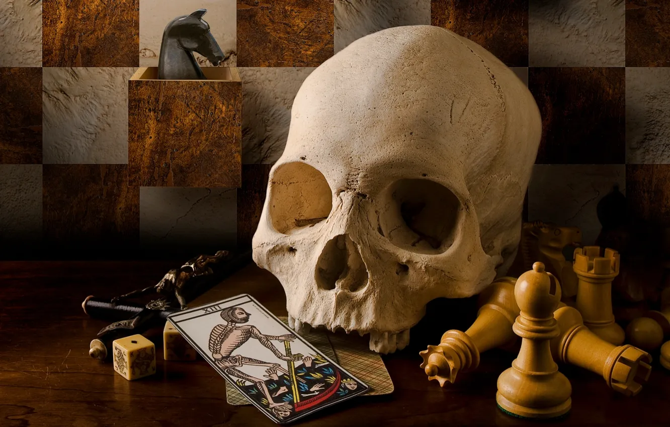 Photo wallpaper card, style, retro, skull, chess, vintage, crucifix, Tarot