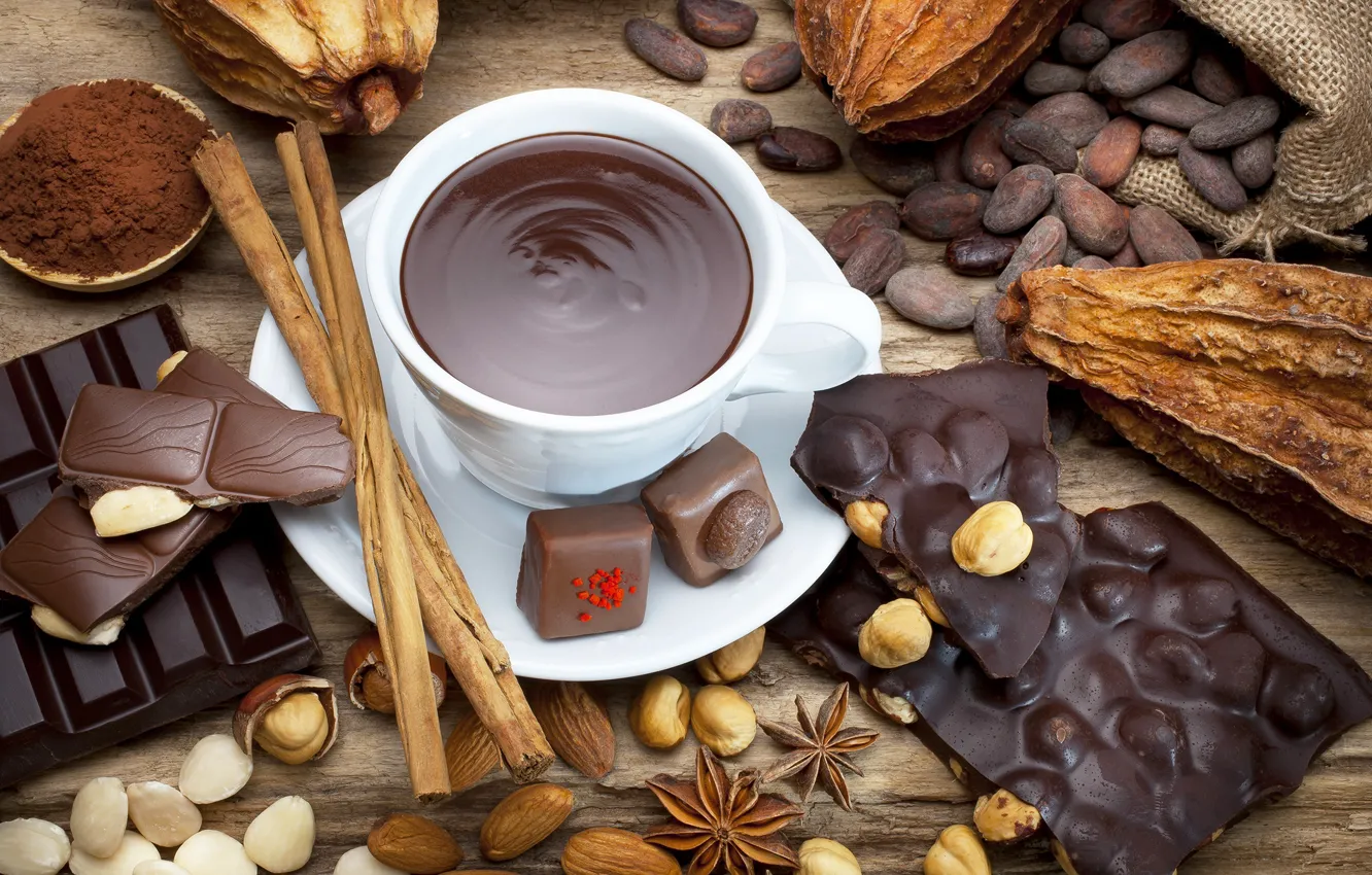 Photo wallpaper chocolate, candy, Cup, nuts, chocolate, nuts, cocoa, sweets