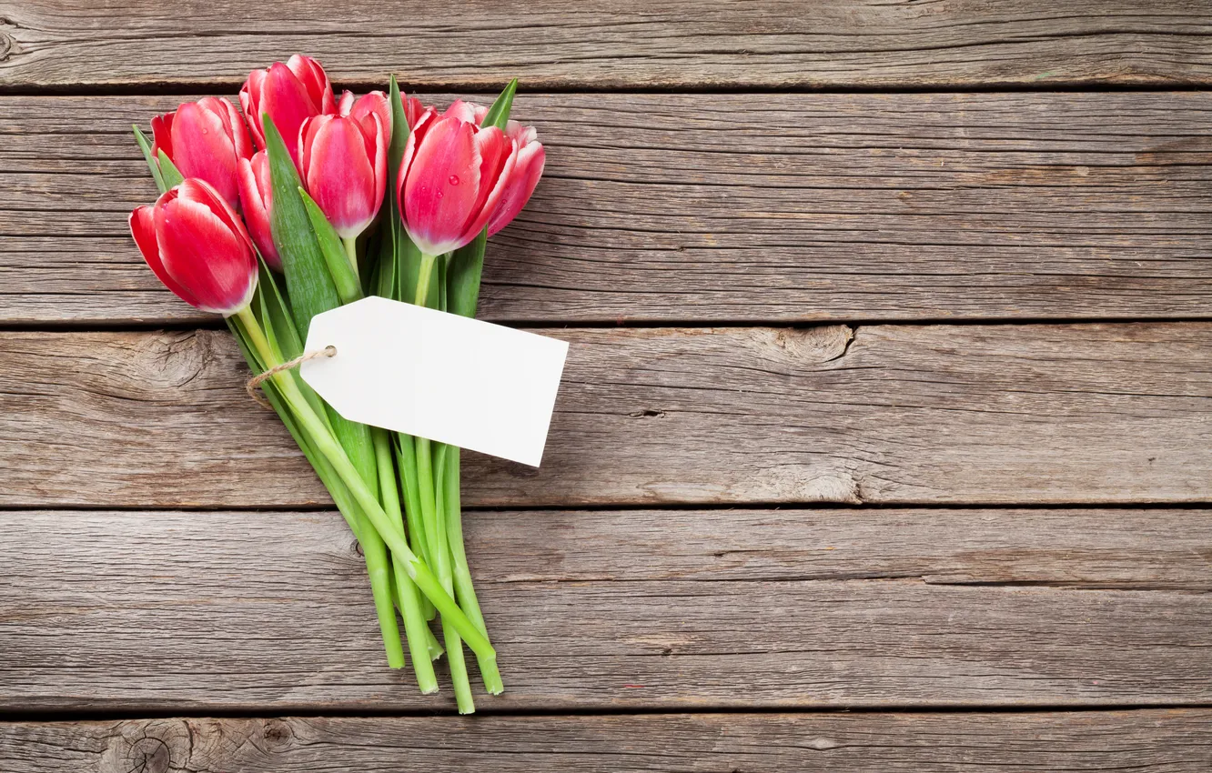 Photo wallpaper flowers, red, bouquet, tulips, red, wood, flowers, romantic