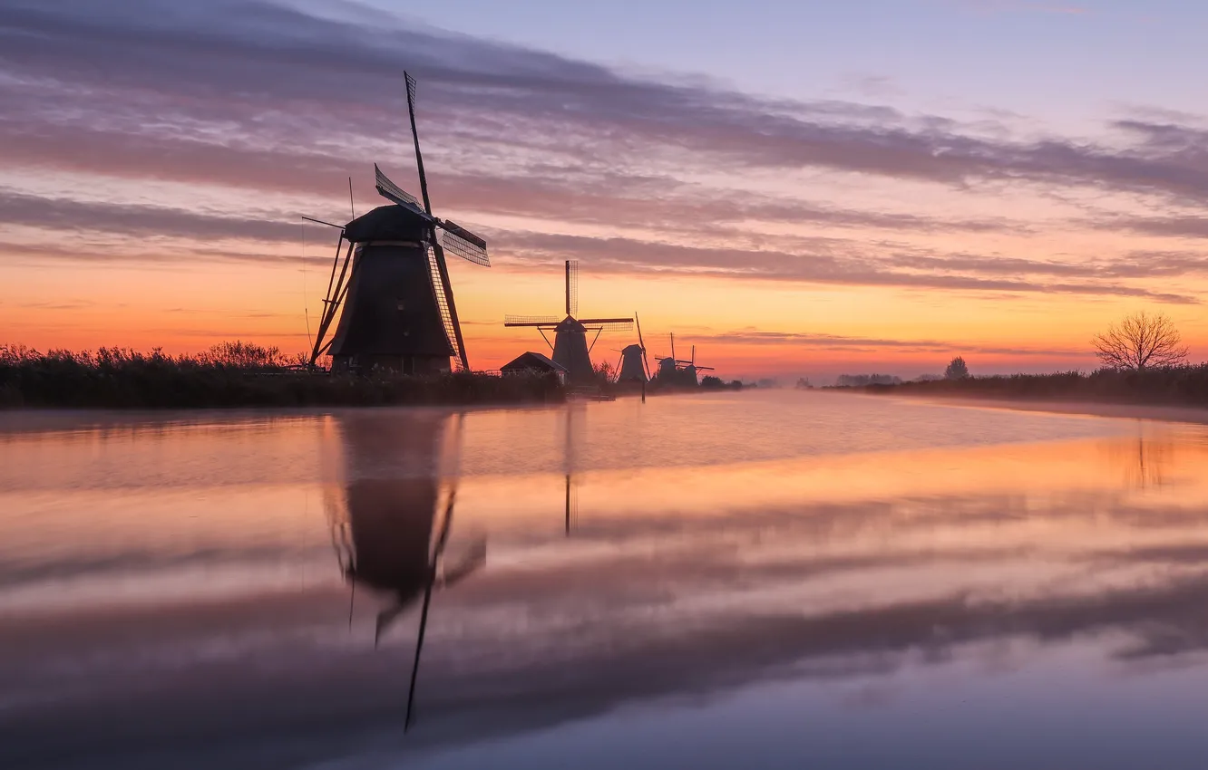 Photo wallpaper clouds, sunset, fog, reflection, dawn, pond, windmills