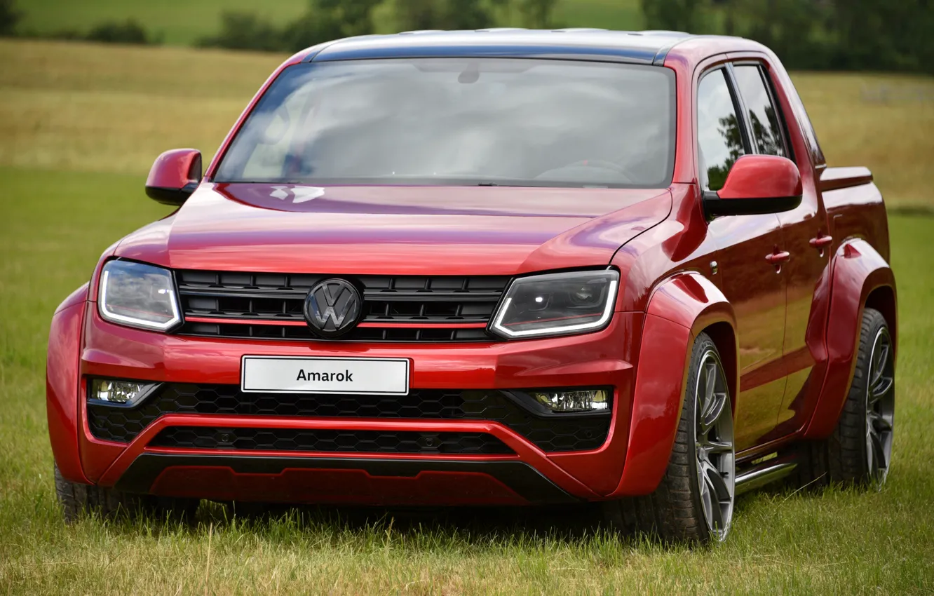 Photo wallpaper grass, red, lawn, Volkswagen, pickup, Amarok, Red Rock, 2019