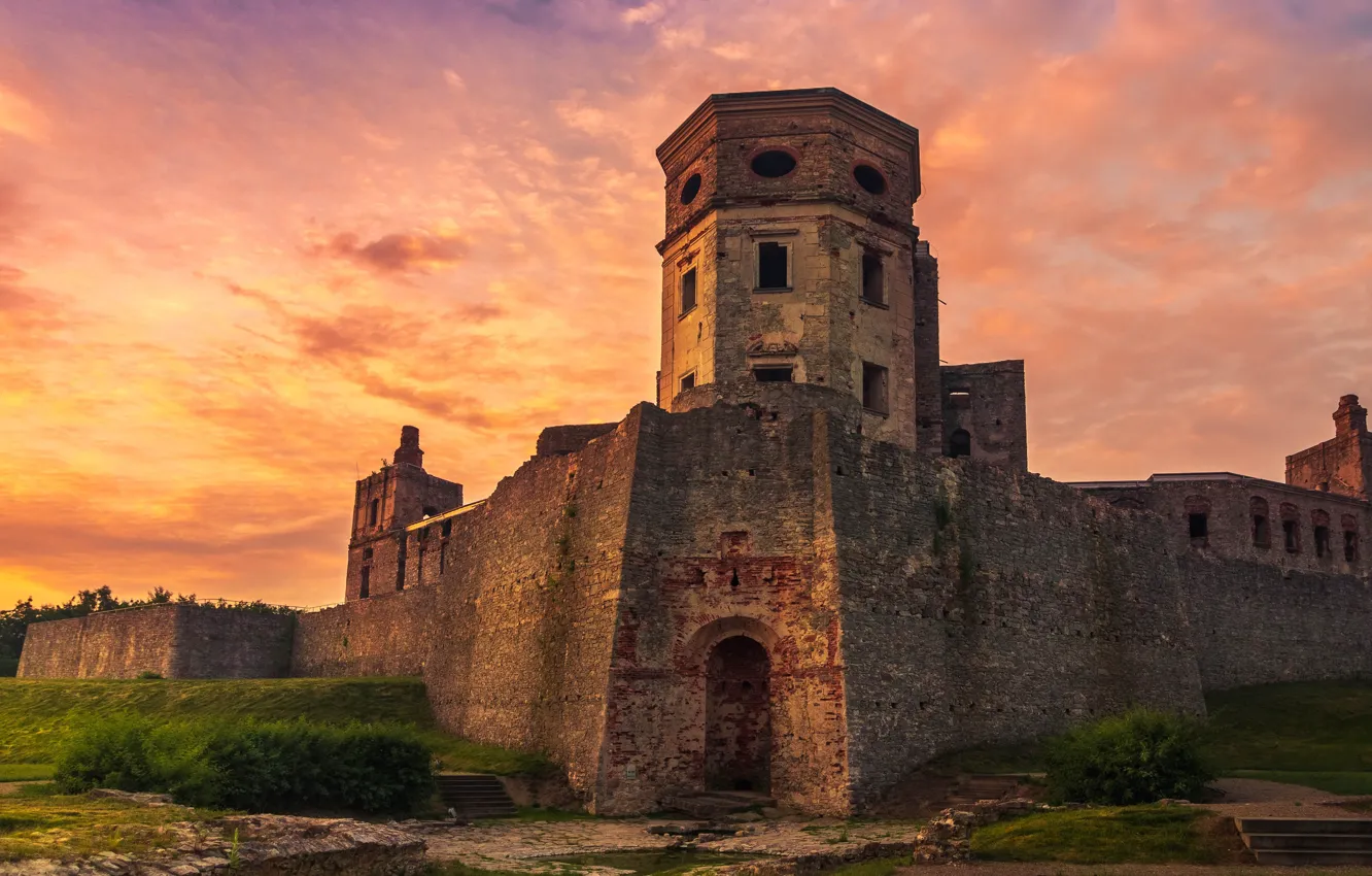 Photo wallpaper the sky, clouds, landscape, sunset, castle, wall, tower, arch