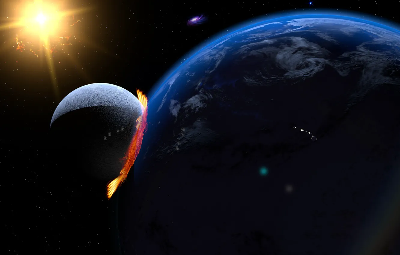 Photo wallpaper The sun, Stars, The moon, Fire, The explosion, Light, Earth, The end