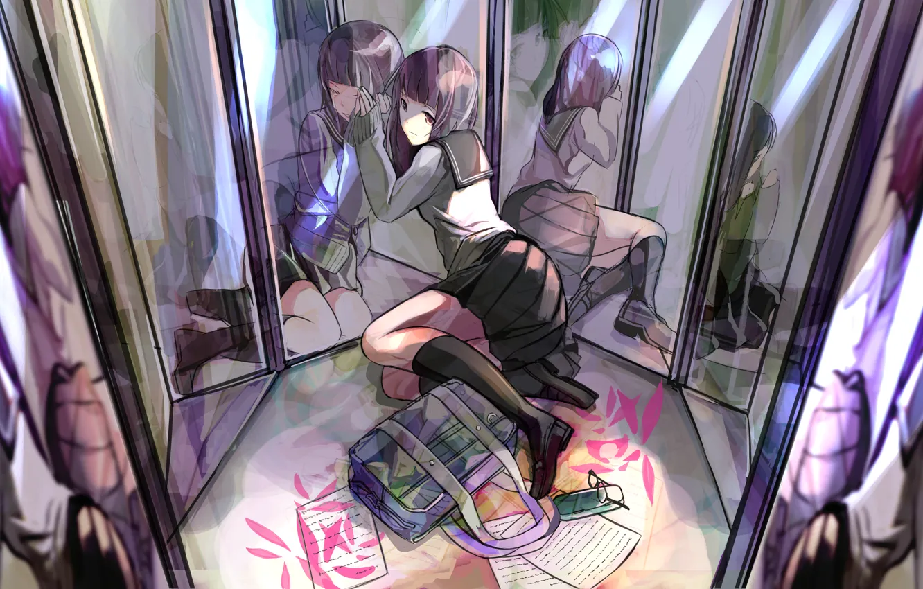 Photo wallpaper girl, anime, art, glasses, form, schoolgirl, bag, mirror