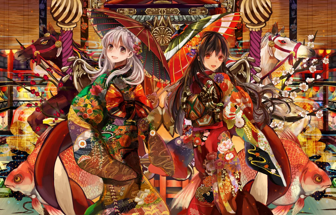 Photo wallpaper girl, horse, fish, umbrella, art, kimono, henachoko