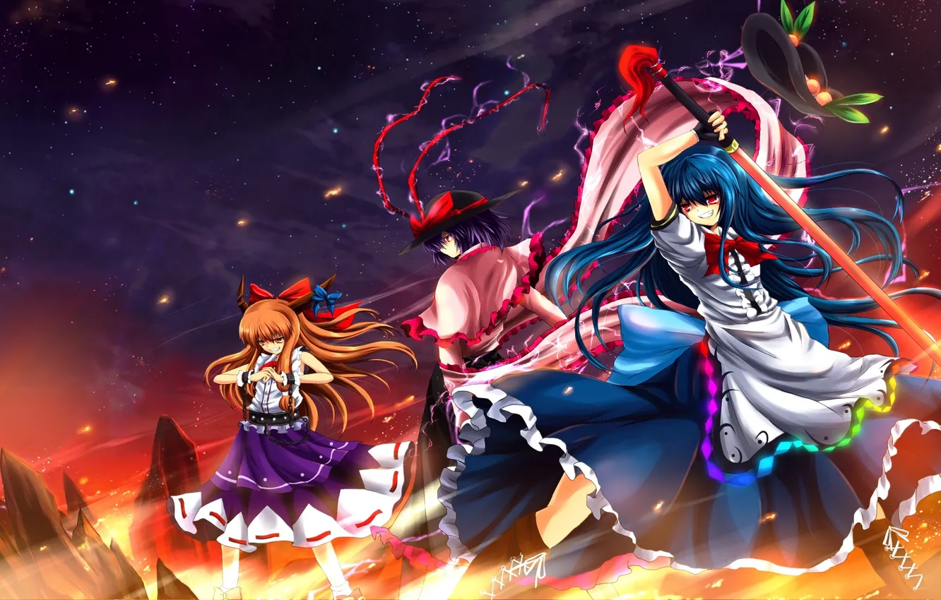 Photo wallpaper the sky, girl, stars, night, weapons, sword, hat, art