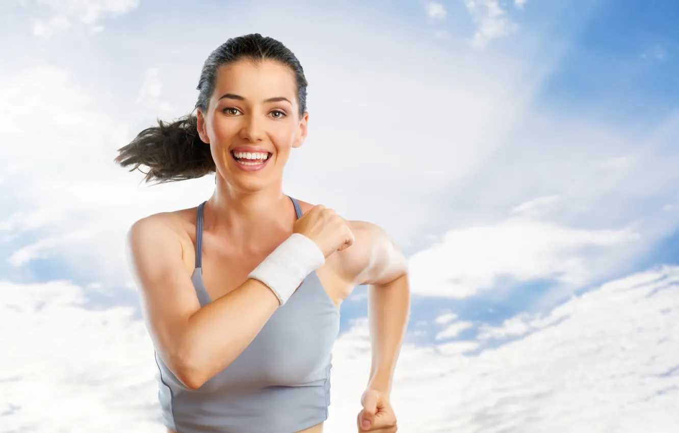 Photo wallpaper the sky, look, girl, joy, sport, Mike, running, brown hair