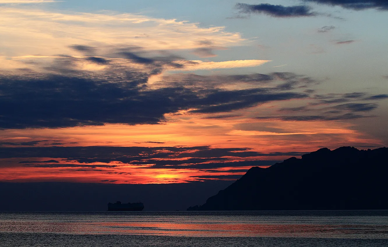 Photo wallpaper sea, the sky, sunset, rock, surface, ship