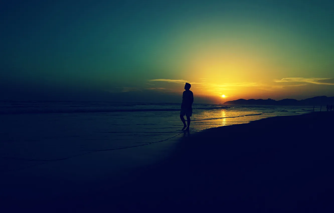 Photo wallpaper wave, beach, the sky, sunset, horizon, male