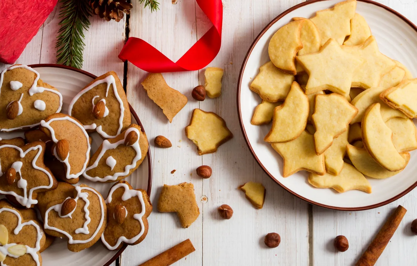Photo wallpaper holiday, sticks, cookies, plate, nuts, cinnamon, bumps, cakes