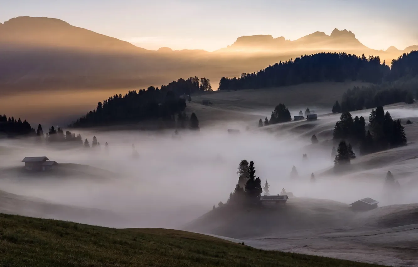 Photo wallpaper landscape, fog, morning
