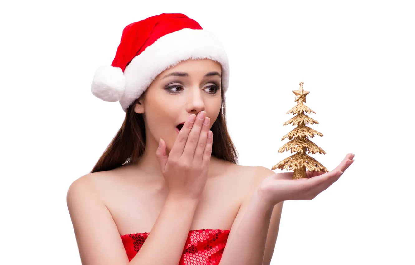 Photo wallpaper girl, white background, herringbone, cap