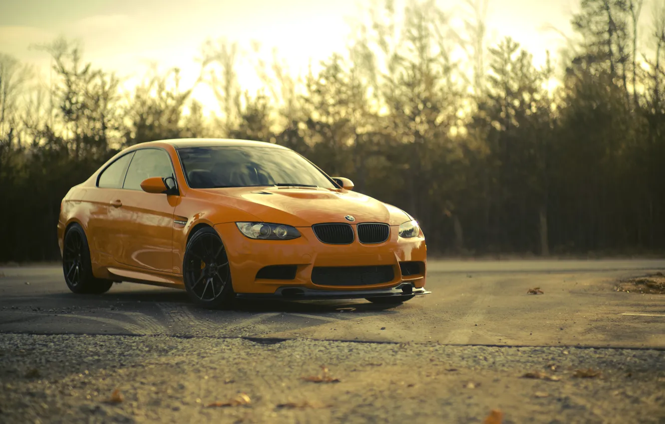 Photo wallpaper the sky, clouds, trees, sunset, orange, BMW, BMW, front view