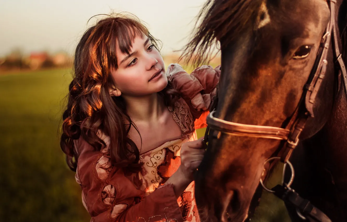Photo wallpaper girl, animal, horse, dress, brown hair, curls