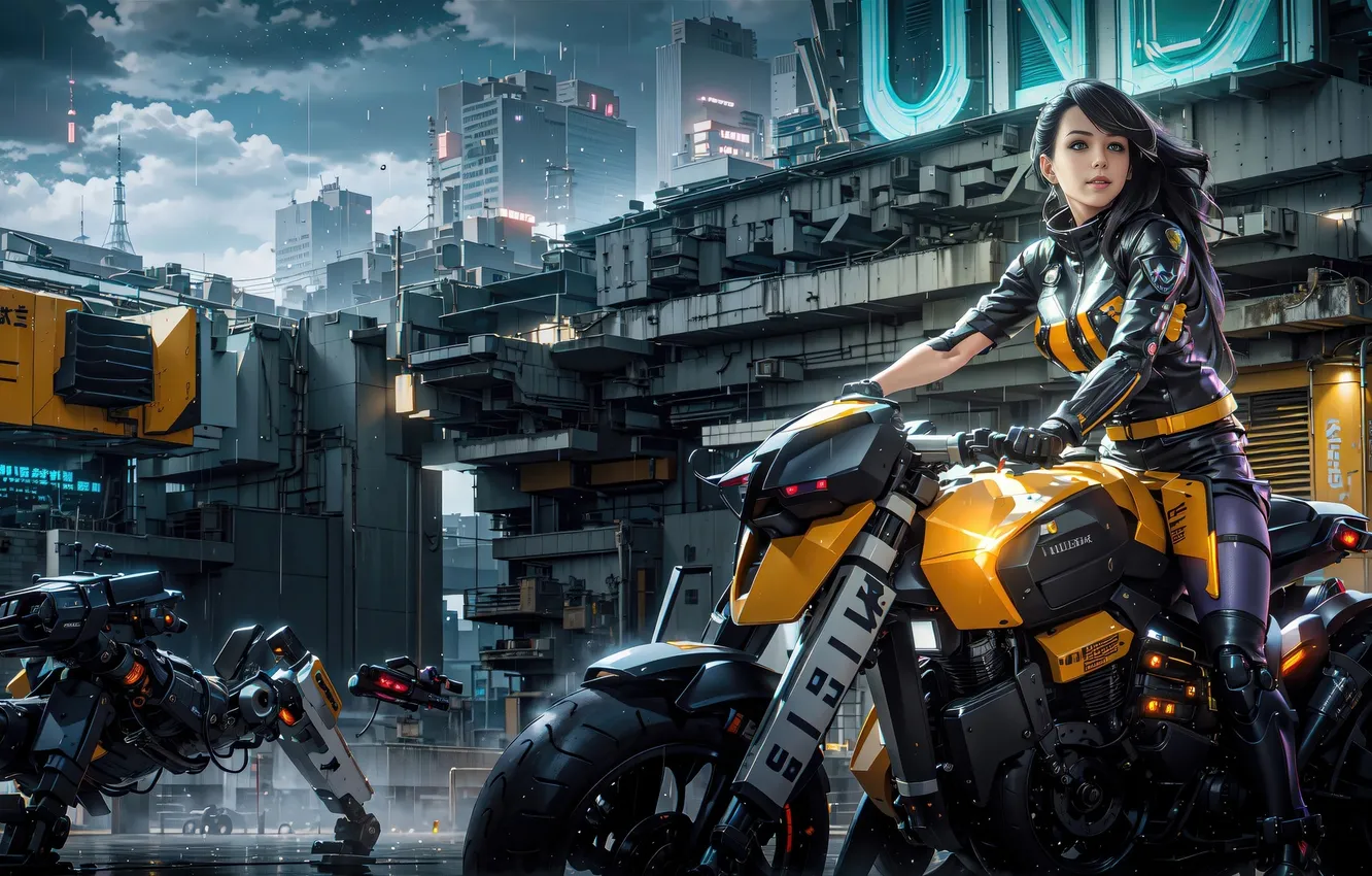 Photo wallpaper girl, fantasy, Robots, bike, Cyberpunk