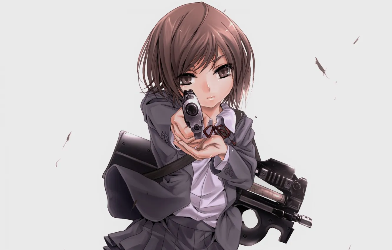 Photo wallpaper look, machine, schoolgirl, grey background, the barrel of a gun, School Killers, at gunpoint, Genrietta