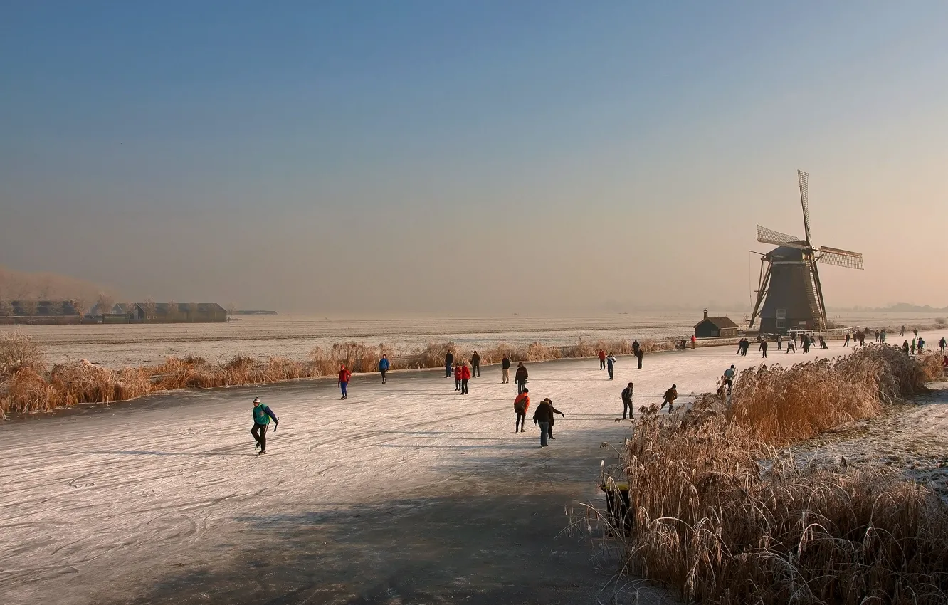 Photo wallpaper ice, winter, river, mill, rink, Holland