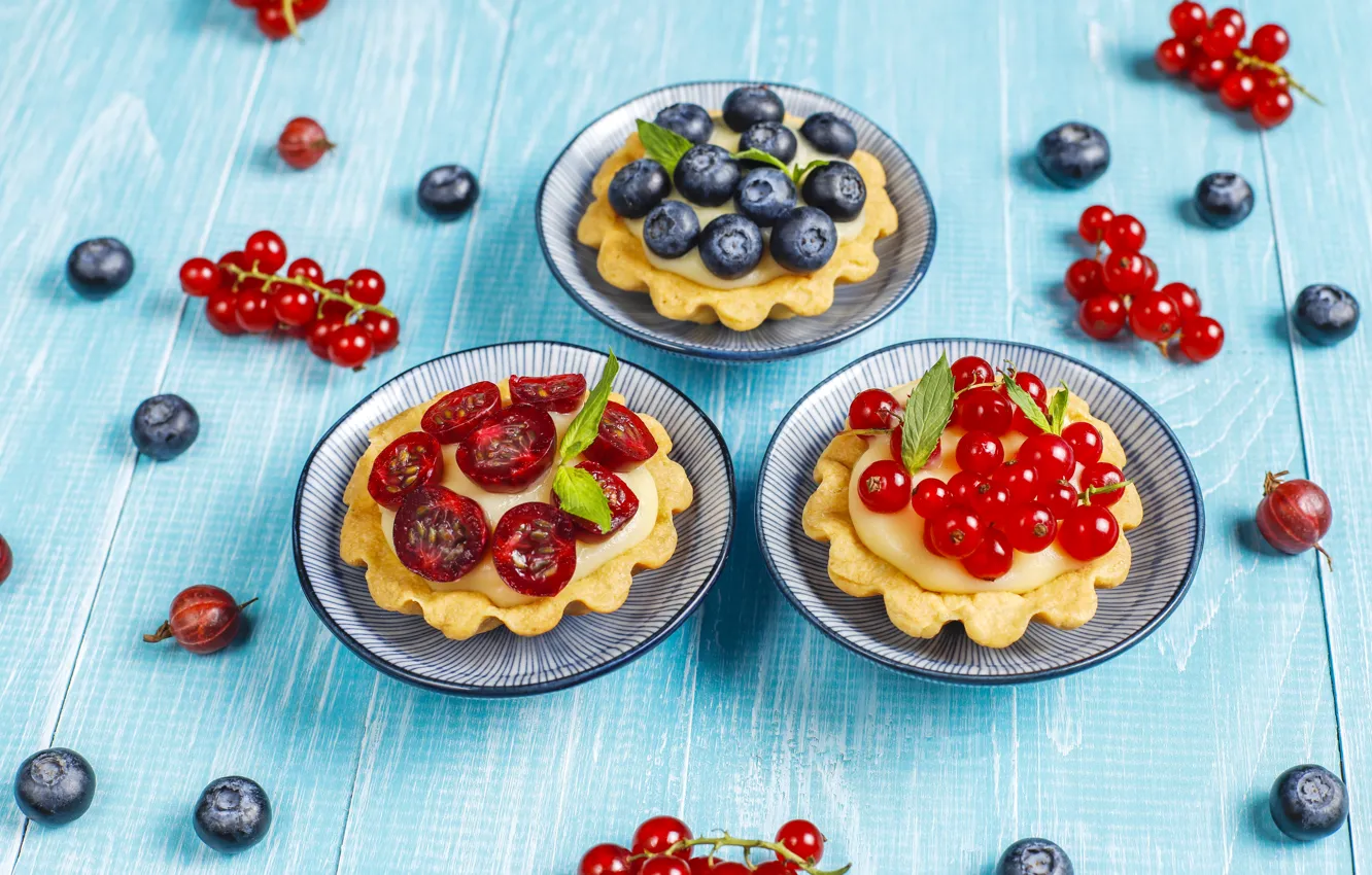 Photo wallpaper red, cherry, berries, Board, blueberries, cake, bowl, placer