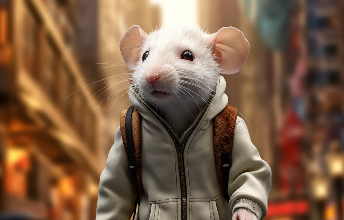 Photo wallpaper white, the city, home, mouse, mouse, jacket, walk, backpack