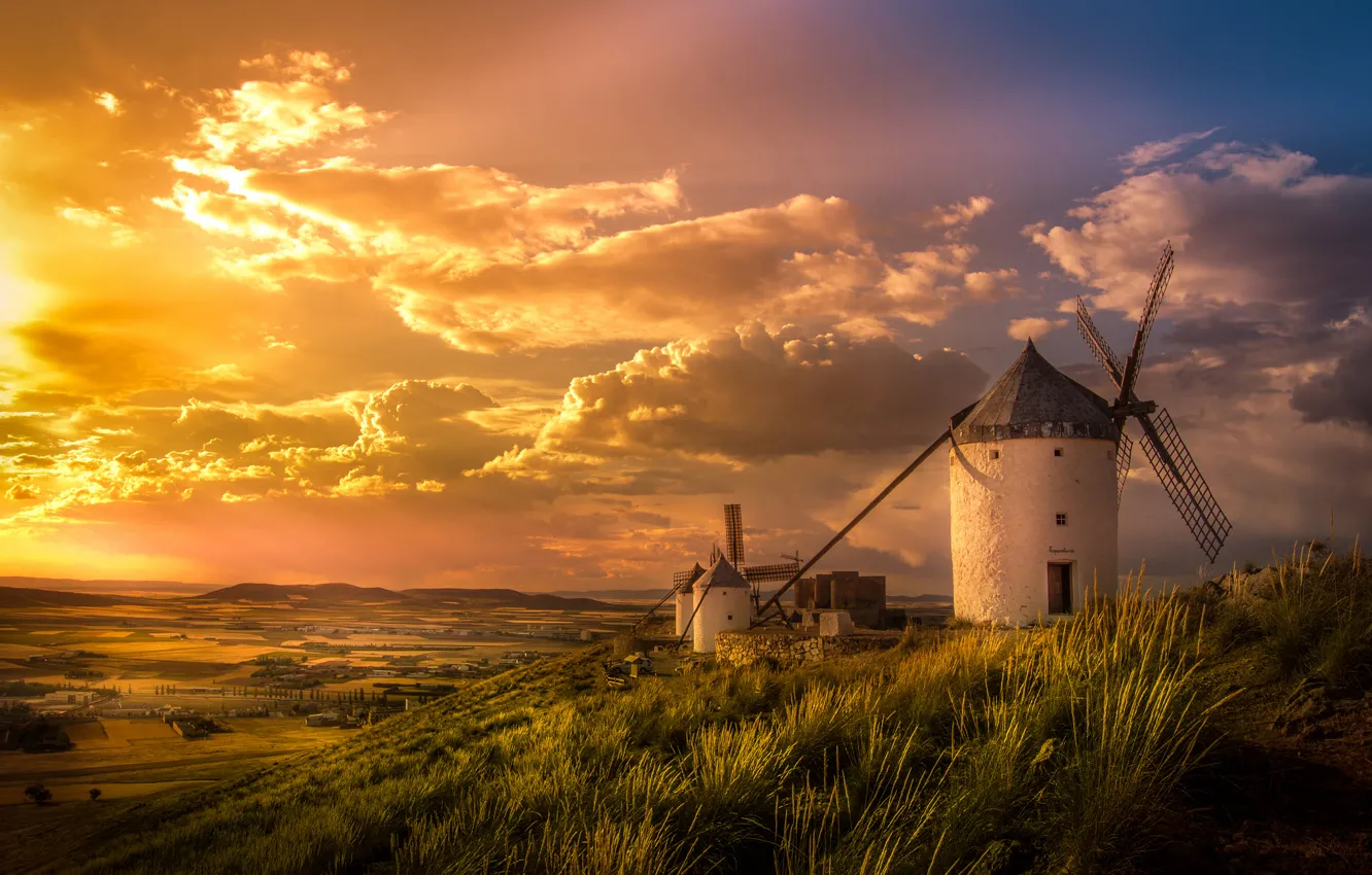 Photo wallpaper the sky, valley, Spain, windmills
