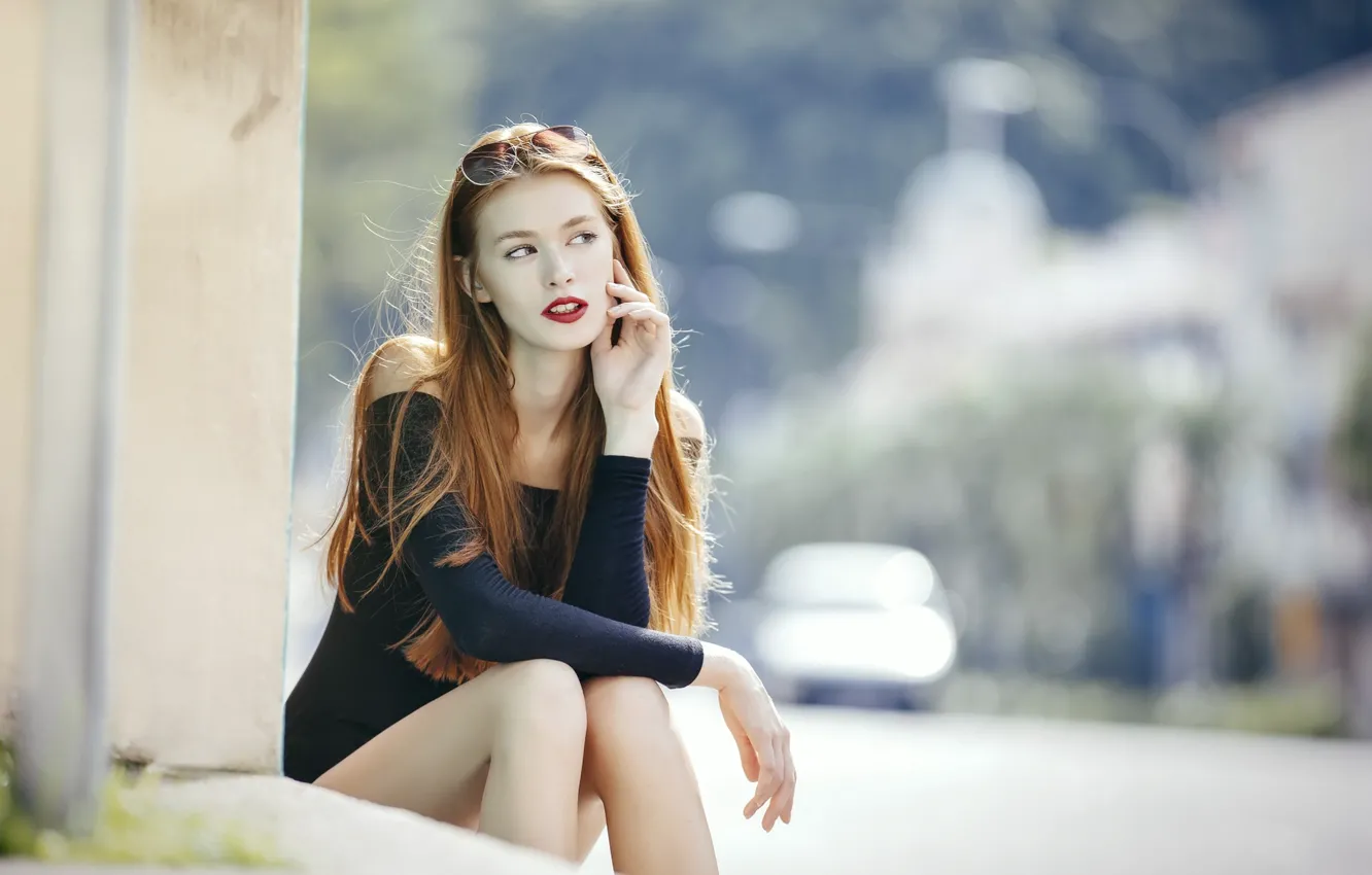 Photo wallpaper girl, black, dress, woman, view, model, hair, sitting