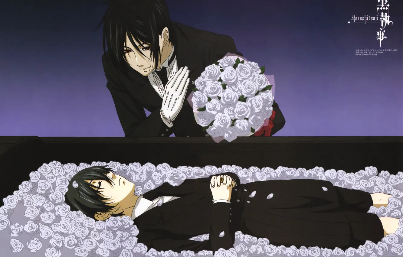Photo wallpaper roses, white, the coffin, art, grief, Kuroshitsuji, Sebastian Michaelis, Ciel Phantomhive