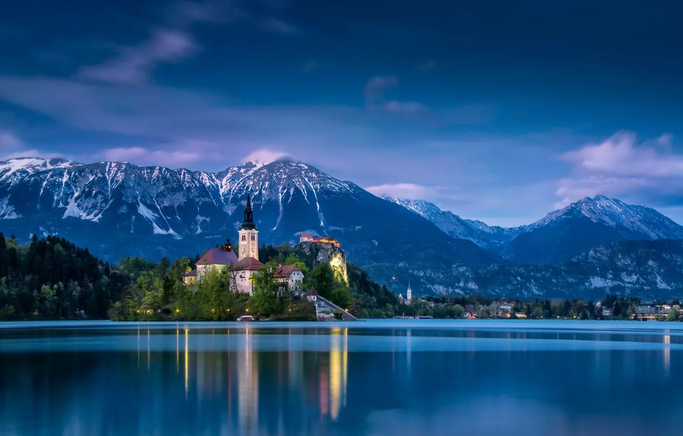 Photo wallpaper mountains, lake, island, Slovenia, Lake Bled, Slovenia, Lake bled, Bled