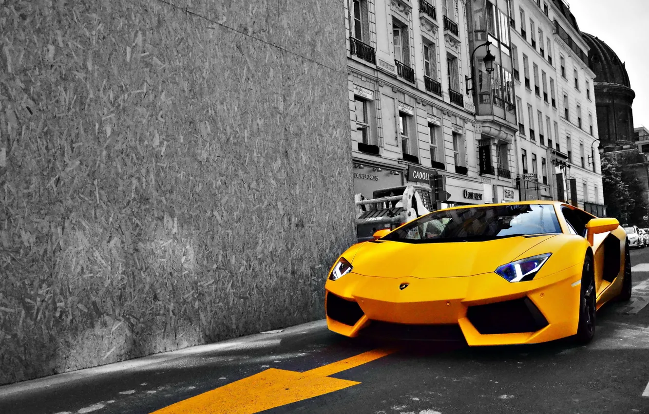 Photo wallpaper road, yellow, the city, Lamborghini, Lamborghini, sports car, LP700-4, Aventador