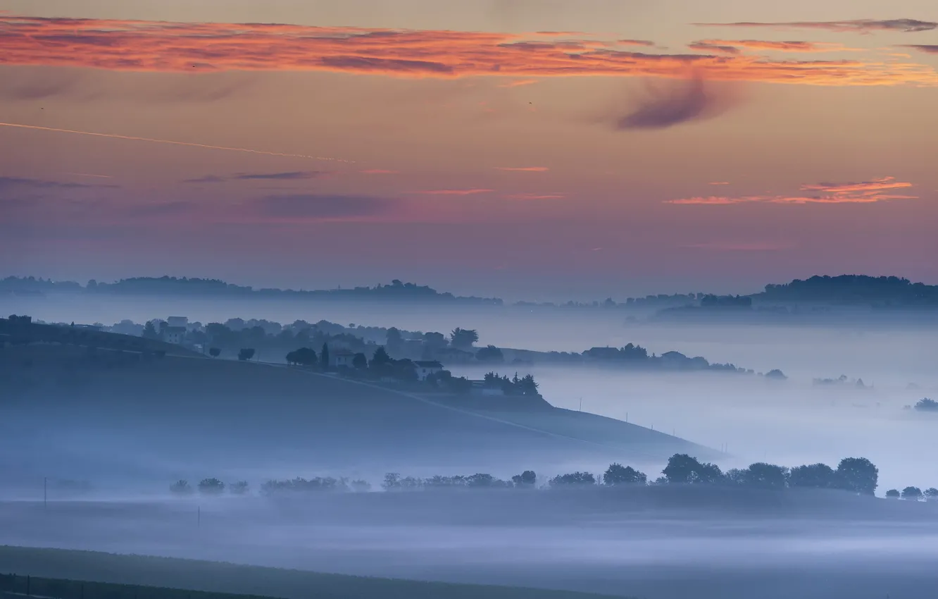 Photo wallpaper landscape, fog, sunrise, mist, Marche, Macerata, fog, landscape