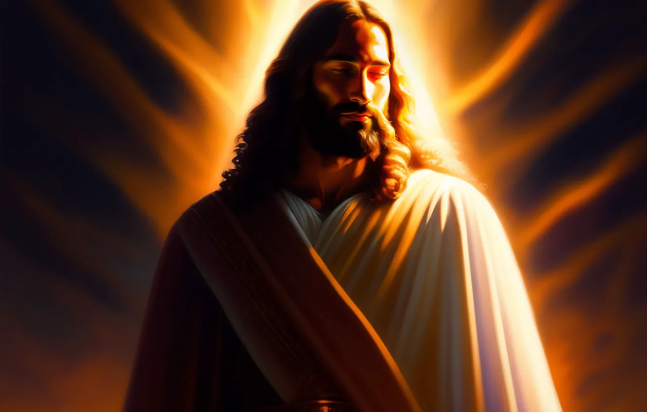 Photo wallpaper Jesus, hair, male, front, religion, Jesus Christ, digital art, AI art
