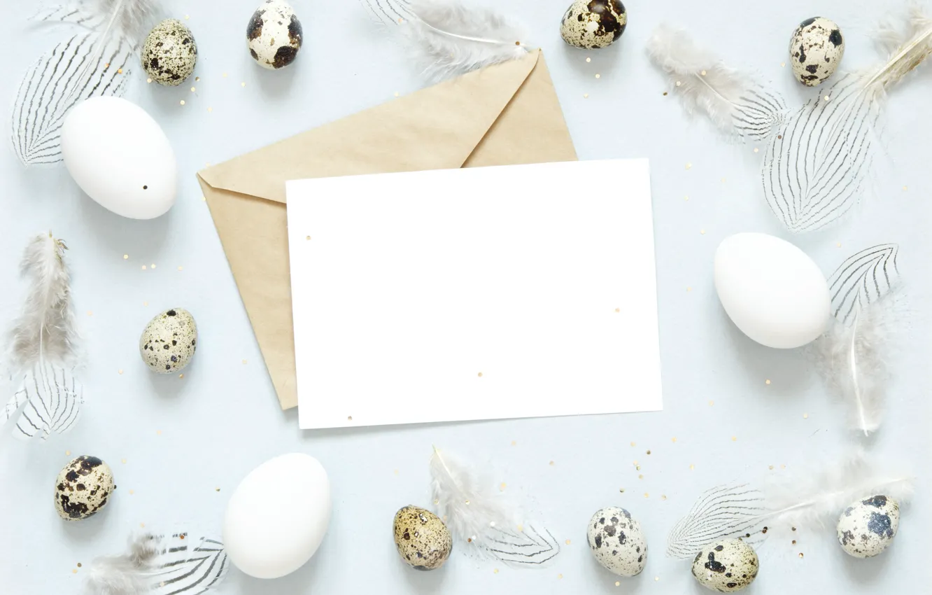 Photo wallpaper holiday, eggs, feathers, Easter, the envelope