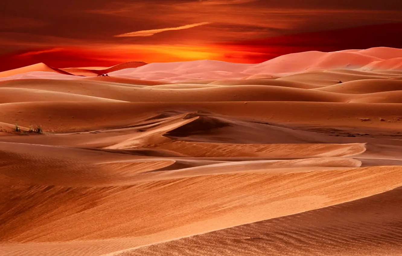 Photo wallpaper sand, sunset, the dunes, desert, glow