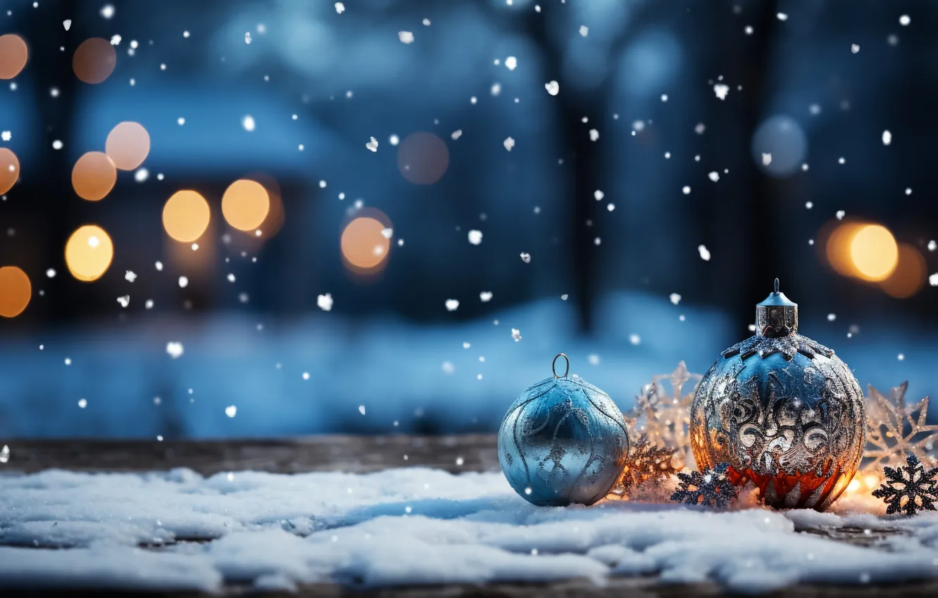 Photo wallpaper snow, decoration, night, balls, new year, Christmas, Christmas, balls