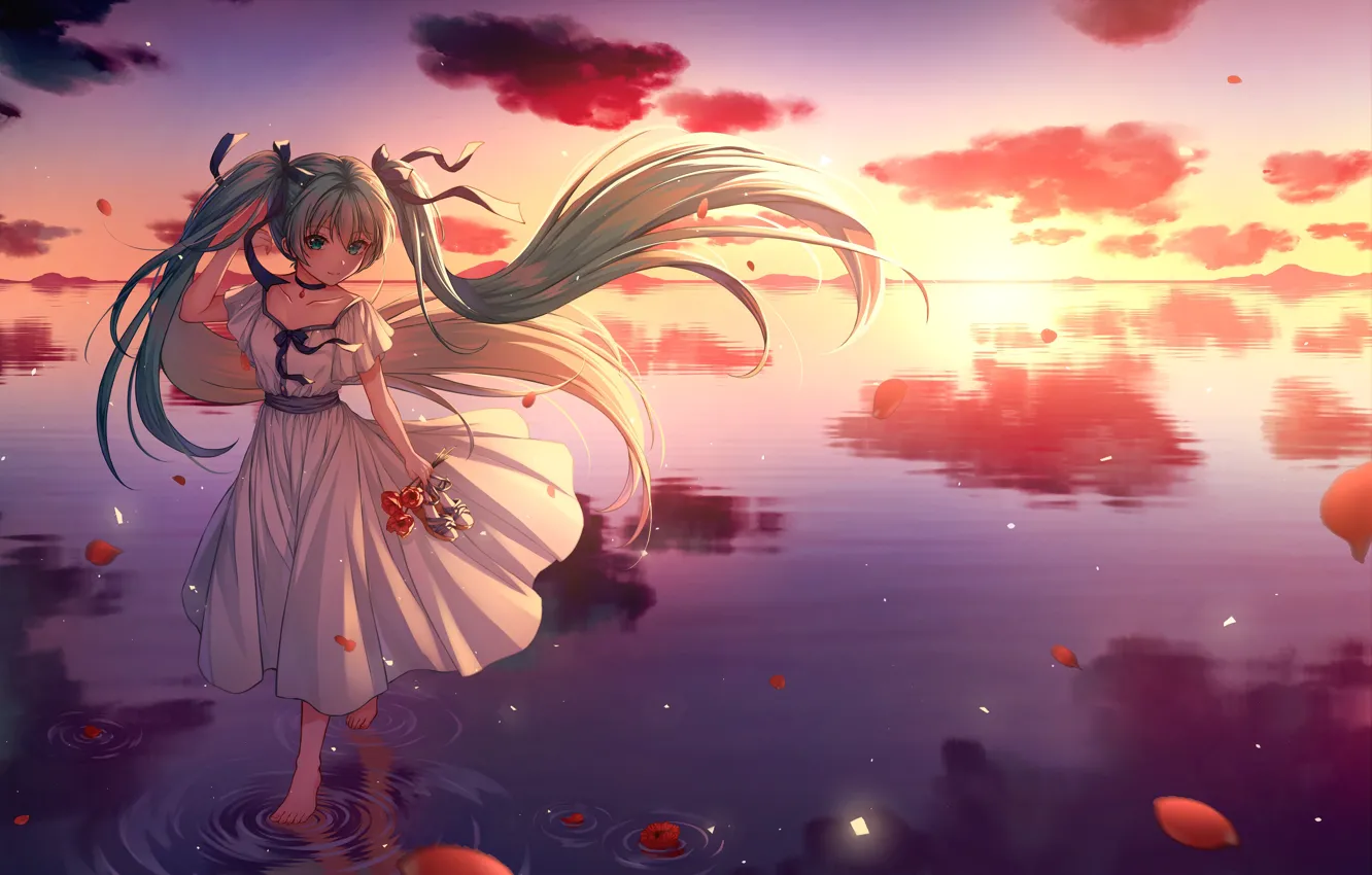 Photo wallpaper horizon, calm, bows, vocaloid, Hatsune Miku, white dress, long hair, Vocaloid