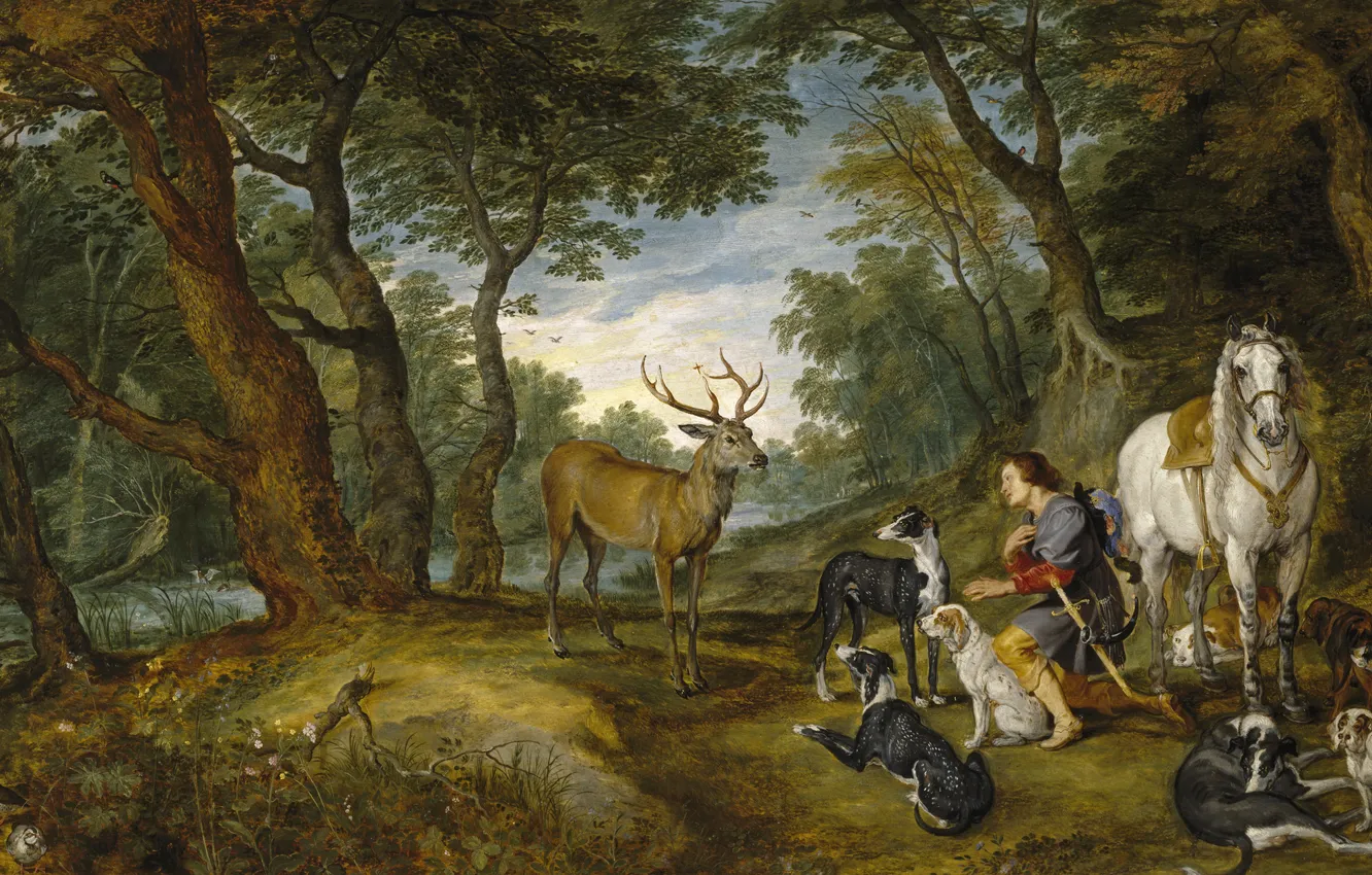 Photo wallpaper forest, dogs, horse, picture, deer, mythology, Jan Brueghel the elder, The Vision Of St. Hubert