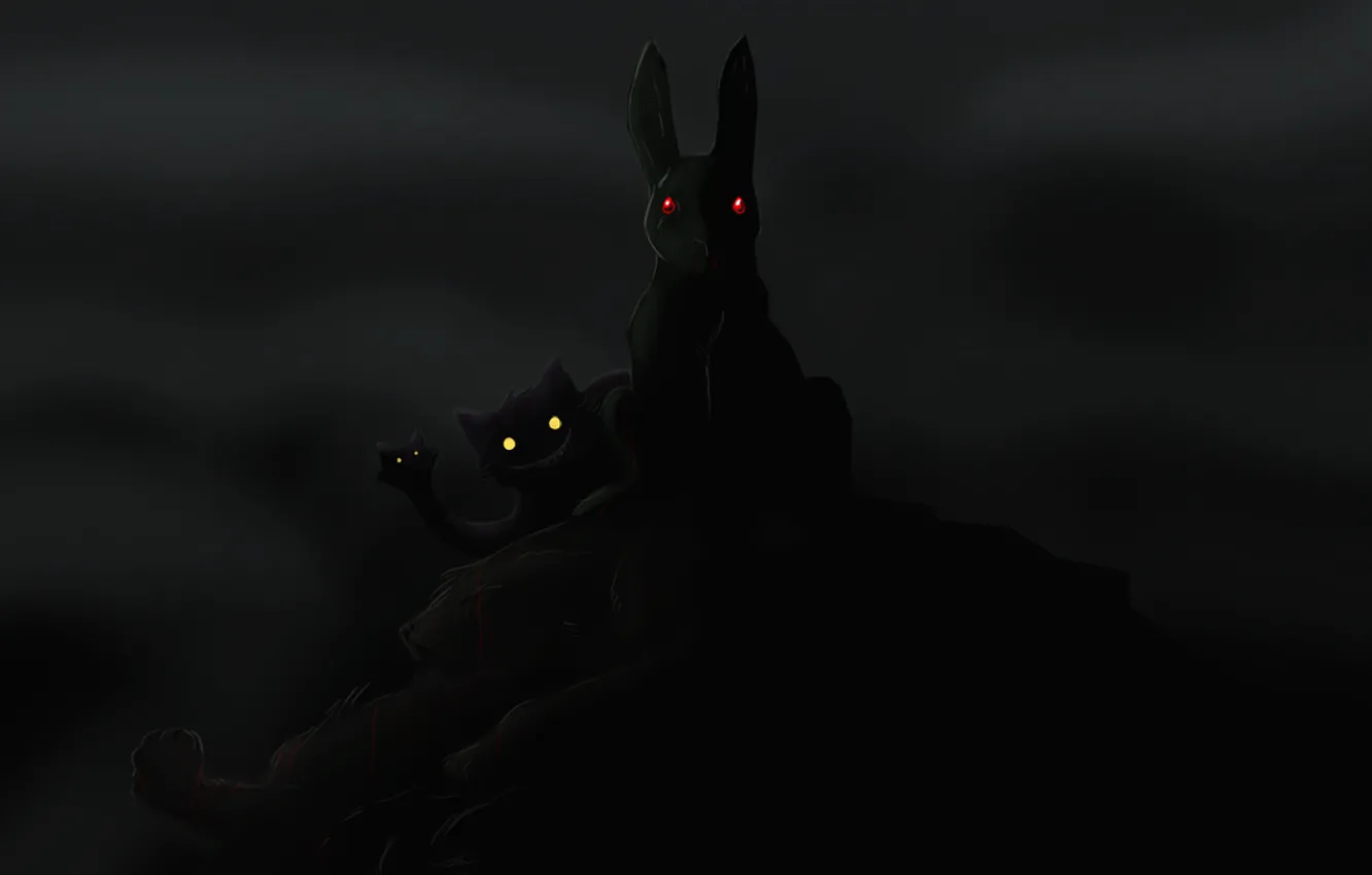 Photo wallpaper eyes, cats, darkness, mountain, hare, silhouettes