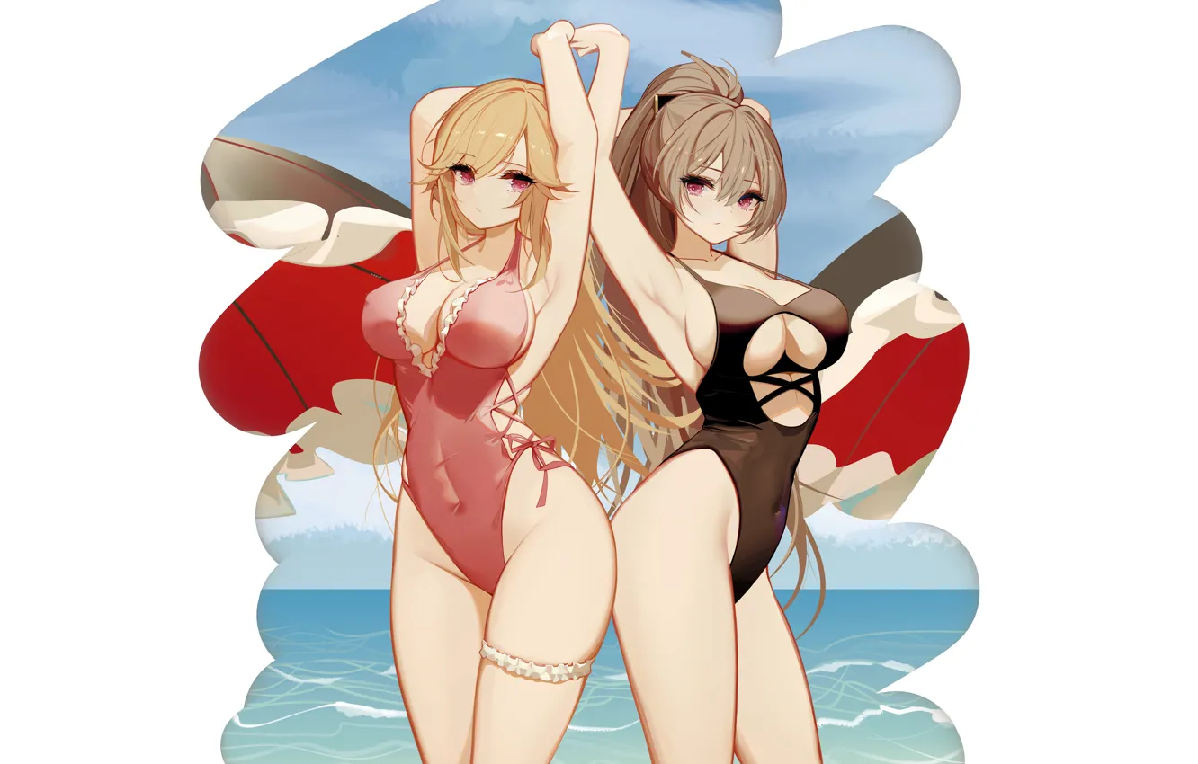 Photo wallpaper sexy, cleavage, long hair, sea, girls, brown hair, boobs, anime