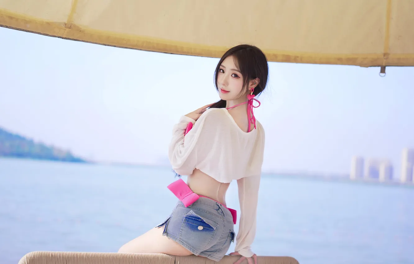 Photo wallpaper ass, model, women, brunette, asian, shirt, jean shorts