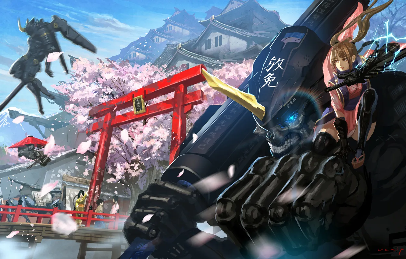 Photo wallpaper robot, spring, anime, Sakura, kimono