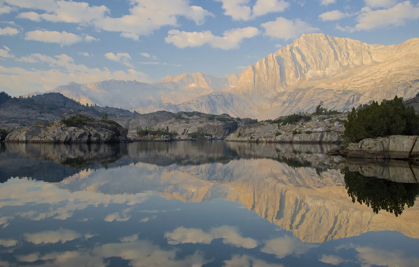 Photo wallpaper the sky, mountains, lake, reflection, stones, Yosemite, national Park, Yosemite National Park