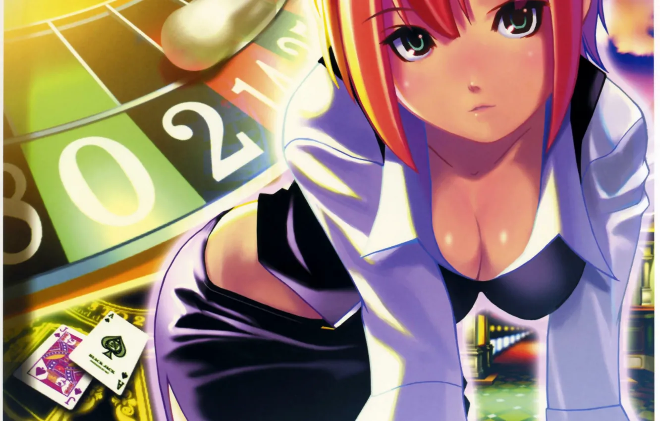 Photo wallpaper neckline, casino, red hair, roulette, visual novel, Rio, white blouse, playing cards